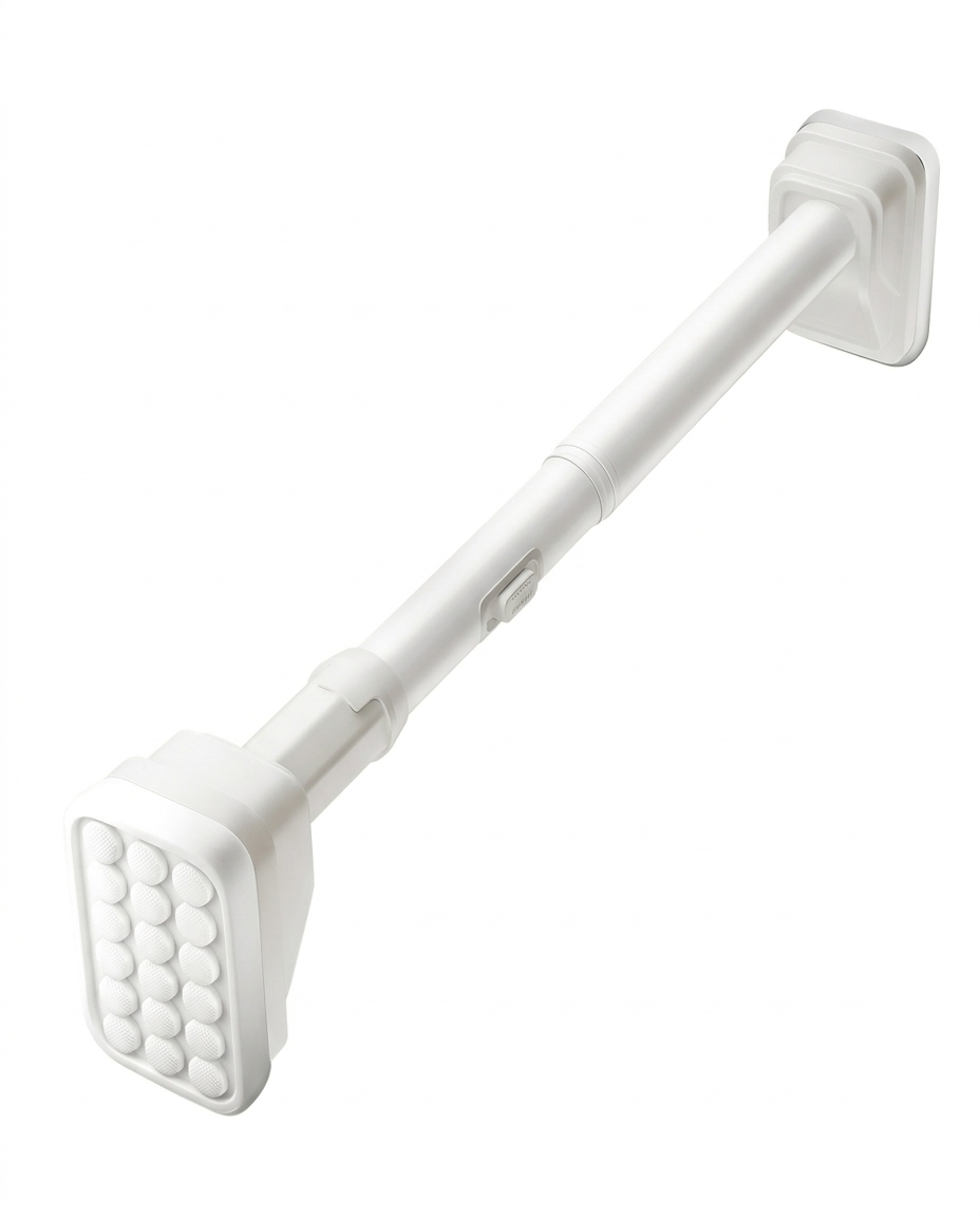 White heavy-duty adjustable tension curtain rod featuring textured non-slip rubber pads for secure no-drill installation.