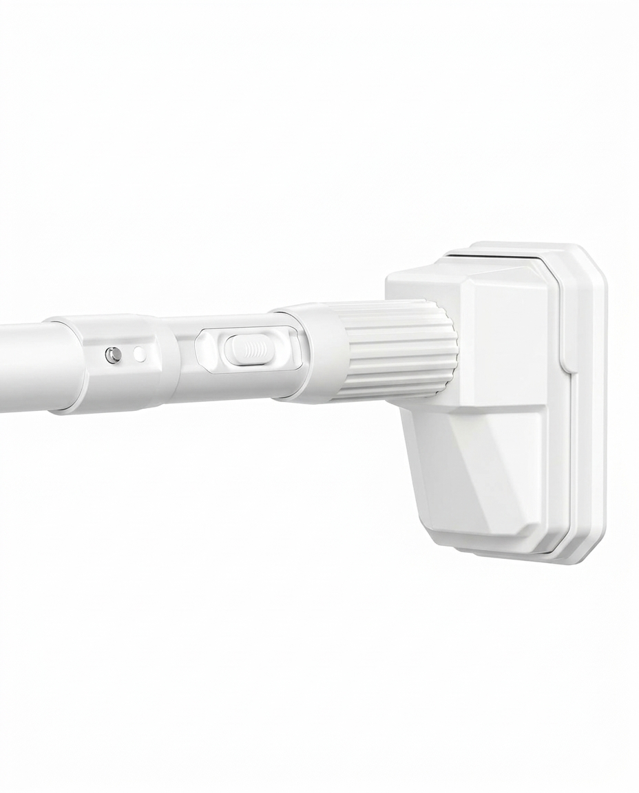 Heavy duty no drill tension curtain rod in white with adjustable locking button and large non-slip end cap.