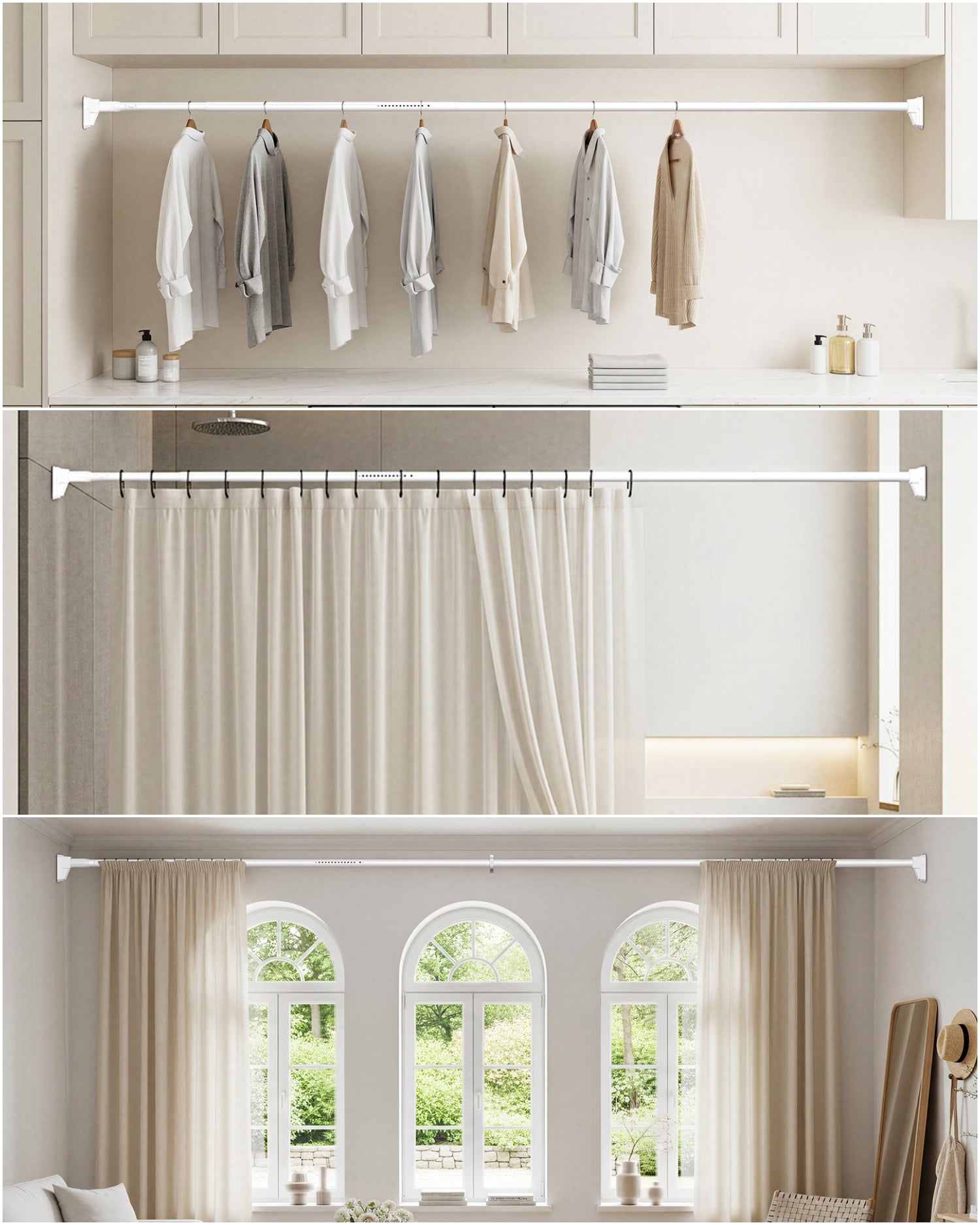 Heavy duty adjustable white tension rod used for hanging laundry, shower curtains, and window drapes without drilling.