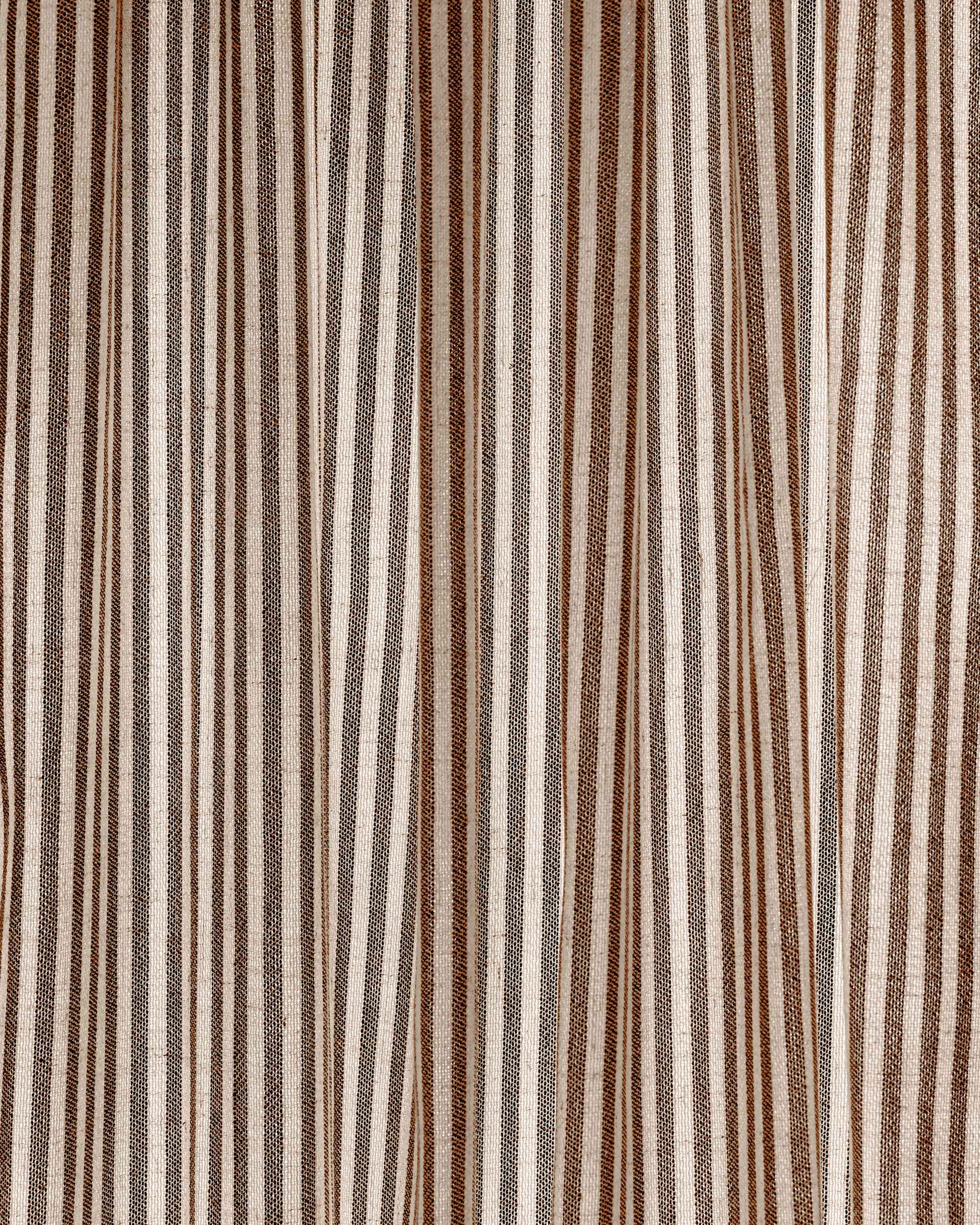 Close-up of Milo Linen Blend custom curtain fabric, featuring vertical tan and brown stripes with a soft, textured weave.
