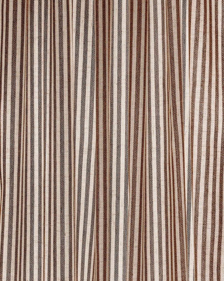Close-up of Milo Linen Blend custom curtain fabric, featuring vertical tan and brown stripes with a soft, textured weave.