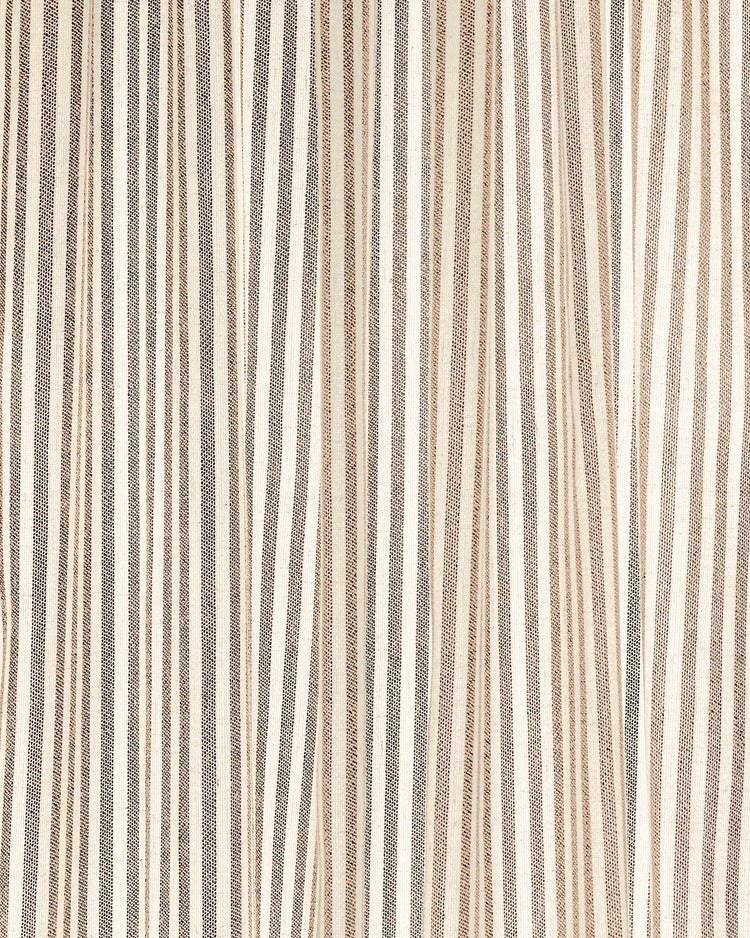 Textured Milo linen blend custom curtain fabric detail, featuring vertical stripes in cream, charcoal, and natural beige tones.