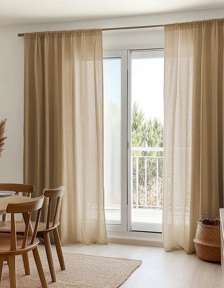 Beige yarn linen look sheer custom curtains filtering light over a glass door in a modern, sunlit dining room.