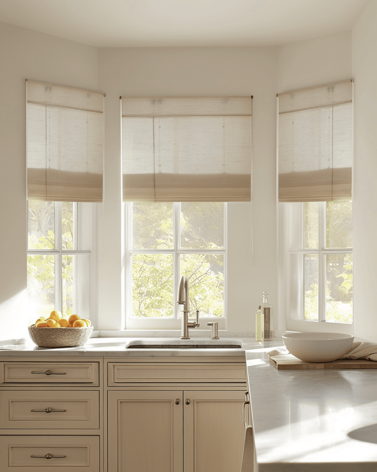 Bay kitchen features three Yuki Linen Motorized Woven Shades in white, filtering sunlight for a soft glow and elegant home decor.