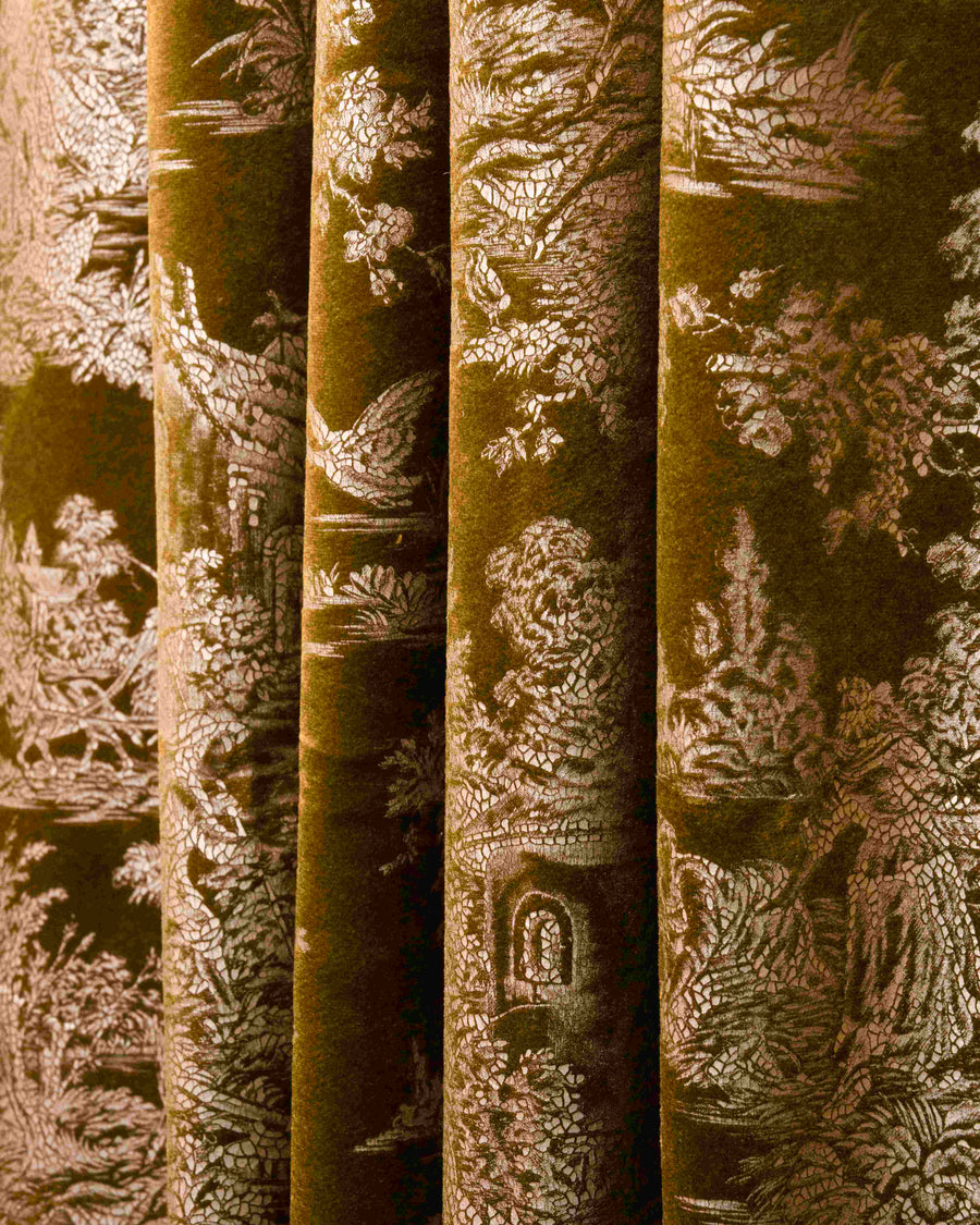 Elegant gold velvet custom curtain with a delicate foil-printed Zen scenic pattern, showcasing luxurious texture and soft drapes.