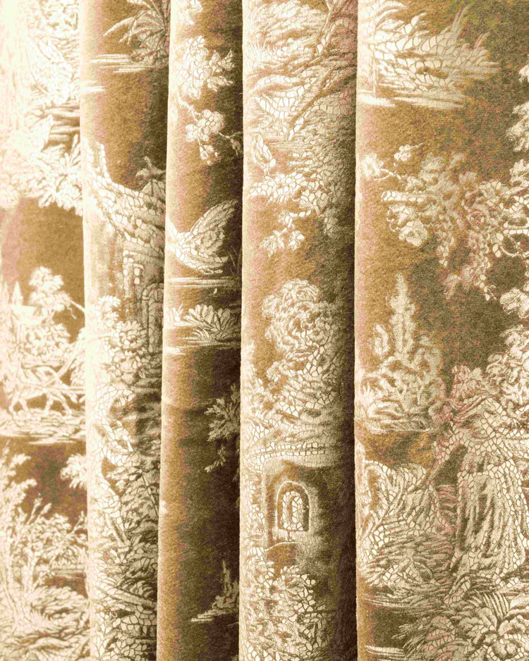 Close-up of pleated Zen foil printed velvet custom curtain with an elegant Italian-designed scenic pattern in sepia tones.