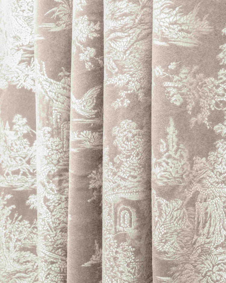 Close-up of Zen foil printed luxury velvet custom curtain, featuring an intricate Italian landscape pattern.