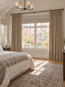 Zoe 100% Blackout Linen Look Custom Curtain in Angora, open curtains.