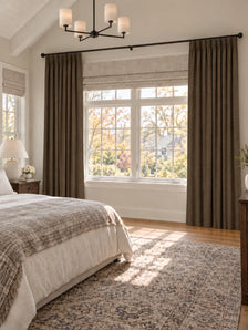 Zoe 100% Blackout Linen Look Custom Curtain in Brown, open curtains.