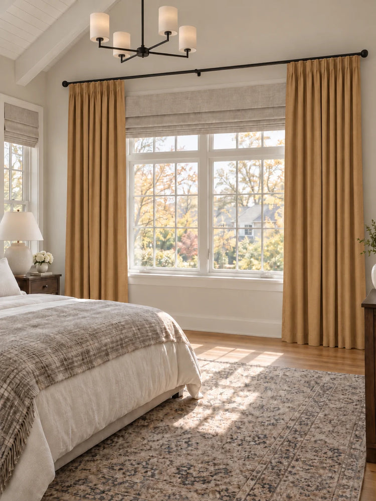 Zoe 100% Blackout Linen Look Custom Curtain in Caramel, open curtains.