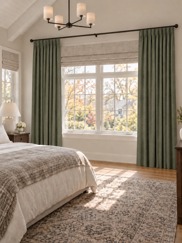 Zoe 100% Blackout Linen Look Custom Curtain in Dark Green, open curtains.