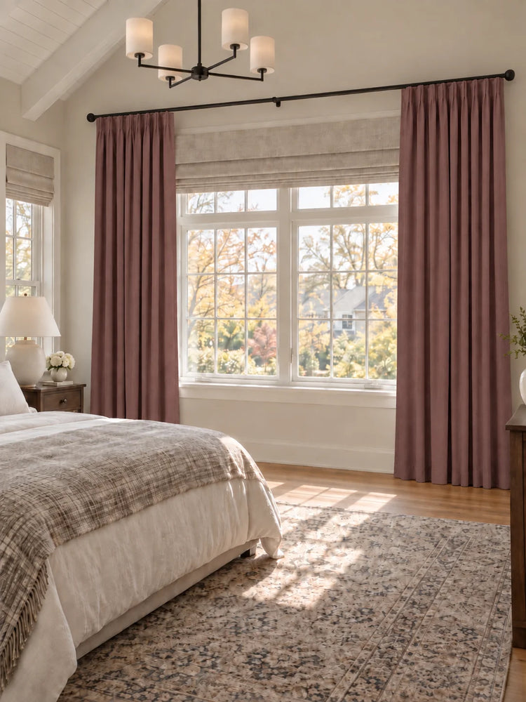 Zoe 100% Blackout Linen Look Custom Curtain in Dark Rose, open curtains.