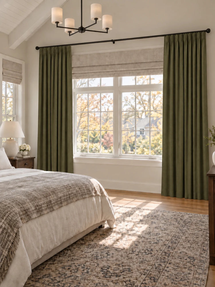 Zoe 100% Blackout Linen Look Custom Curtain in Forest Green, open curtains.