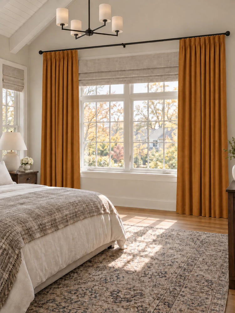 Zoe 100% Blackout Linen Look Custom Curtain in Golden Brown, open curtains.