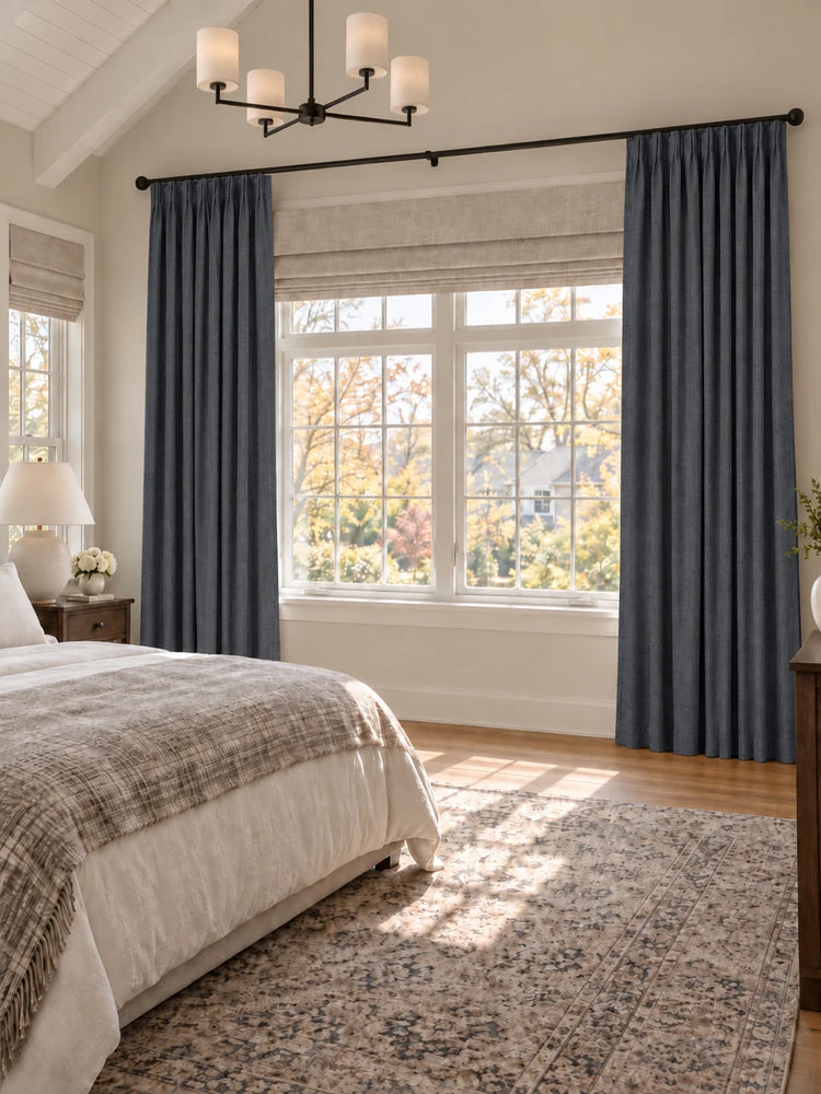 Zoe 100% Blackout Linen Look Custom Curtain in Grey, open curtains.