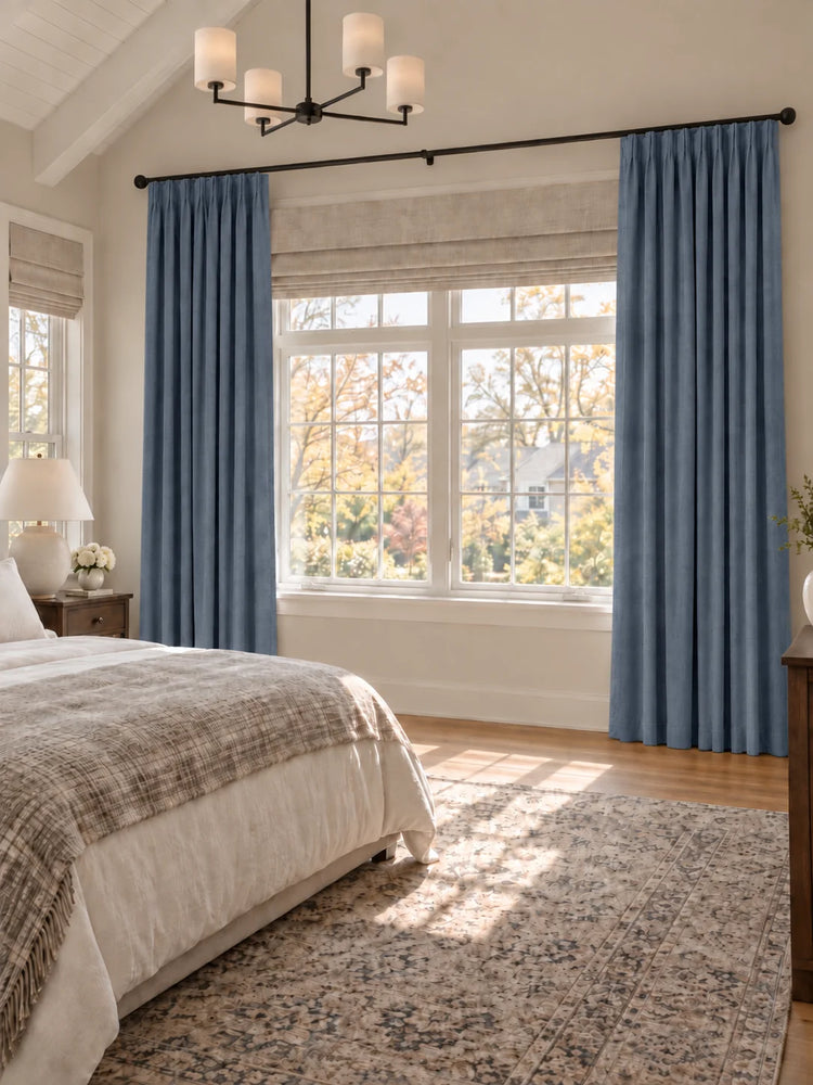 Zoe 100% Blackout Linen Look Custom Curtain in Haze Blue, open curtains.