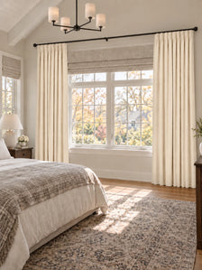 Zoe 100% Blackout Linen Look Custom Curtain in Ivory White, open curtains.