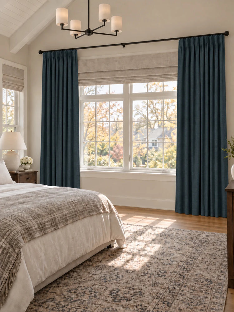 Zoe 100% Blackout Linen Look Custom Curtain in Navy Blue, open curtains.