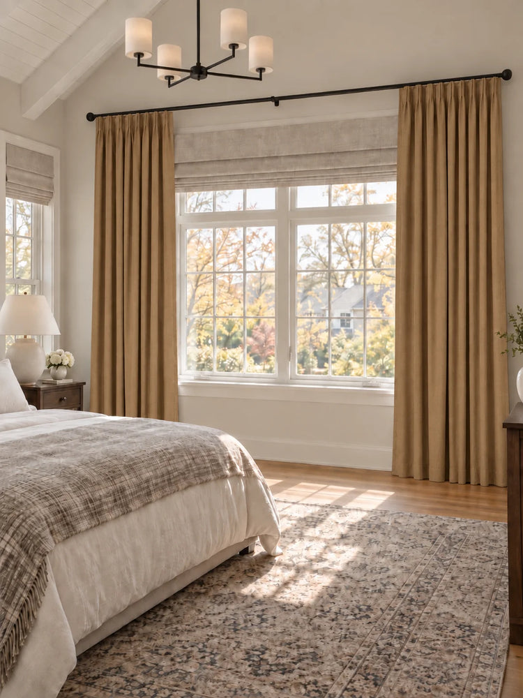 Zoe 100% Blackout Linen Look Custom Curtain in Oatmeal, open curtains.