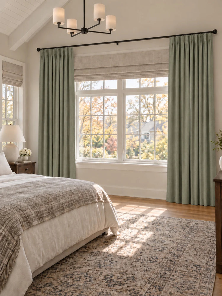 Zoe 100% Blackout Linen Look Custom Curtain in Sage Green, open curtains.