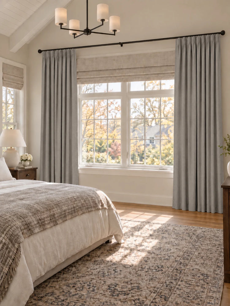 Zoe 100% Blackout Linen Look Custom Curtain in Silver Grey, open curtains.