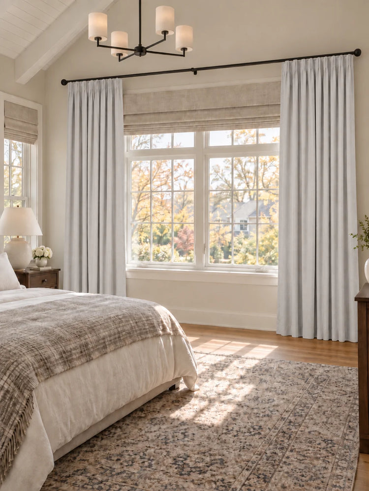 Zoe 100% Blackout Linen Look Custom Curtain in Silver White, open curtains.