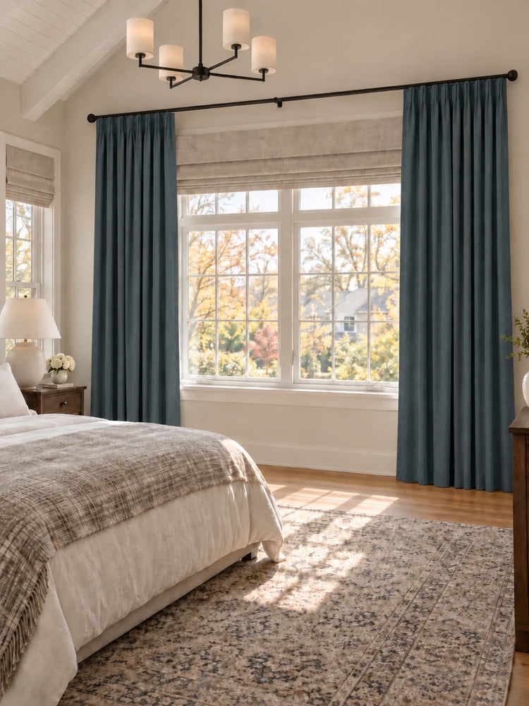 Zoe 100% Blackout Linen Look Custom Curtain in Stone Blue, open curtains.