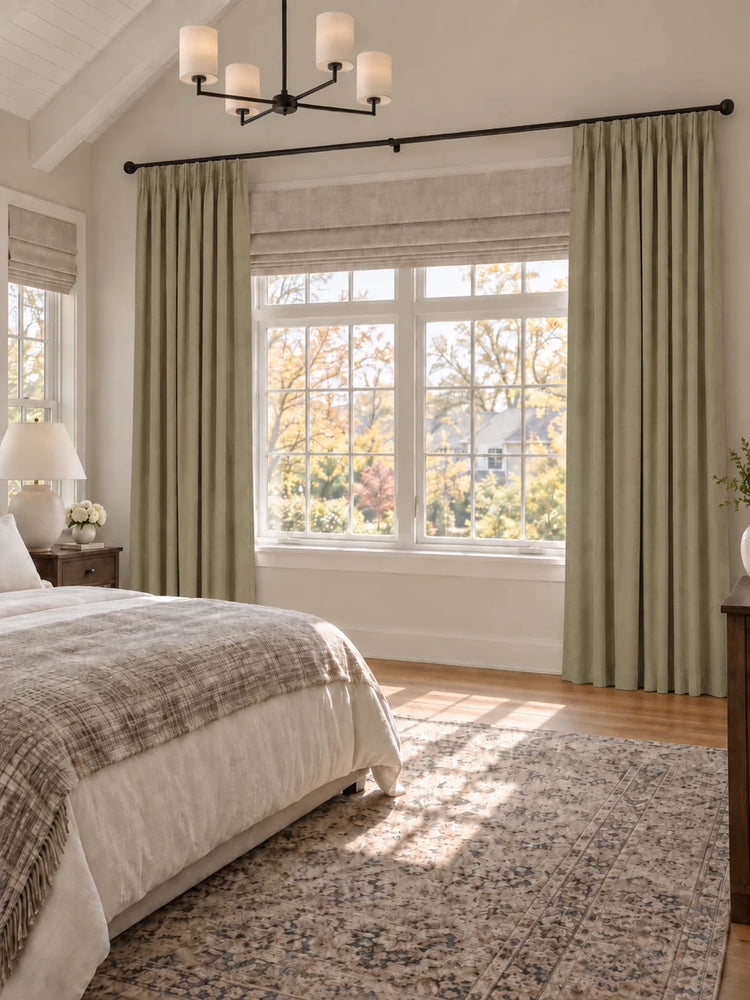 Zoe 100% Blackout Linen Look Custom Curtain in Straw Brown, open curtains.