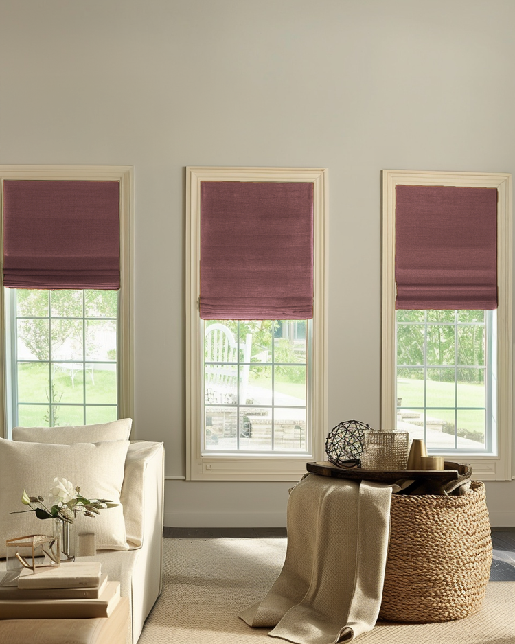 Custom Zoe Flat Fold Linen Look Roman Shades in deep red wine adorn three windows for elegant home decor and light control.
