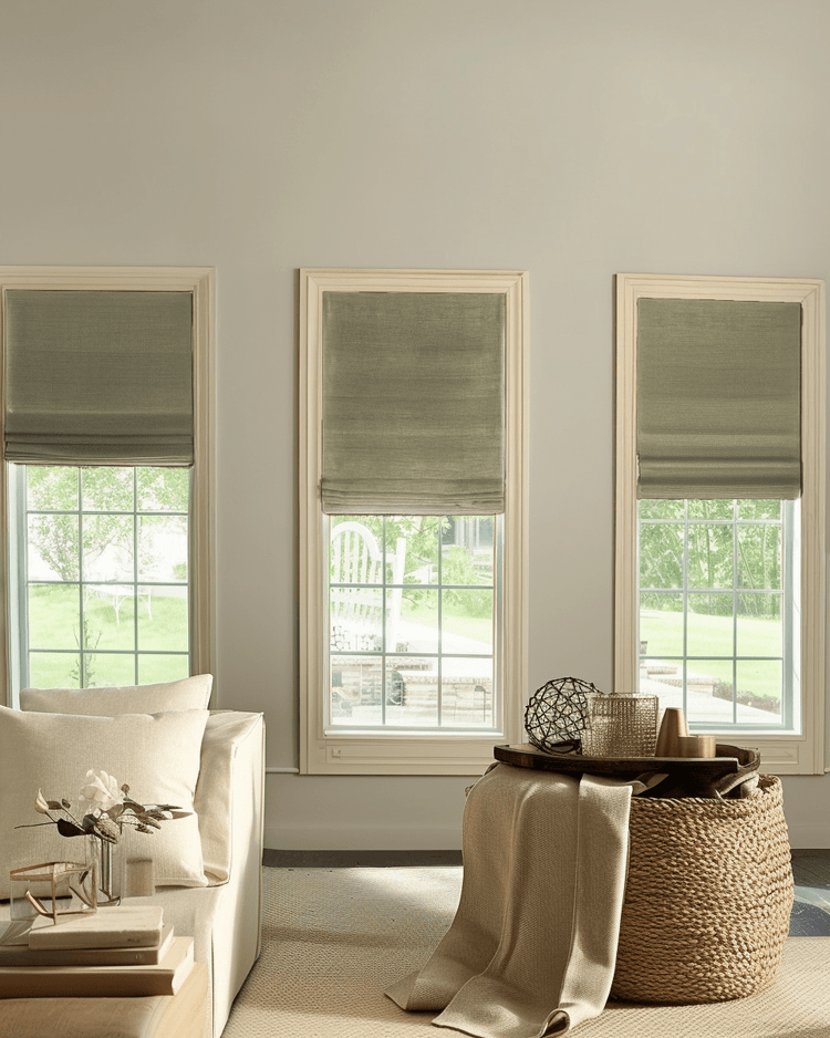 Three windows feature olive Zoe Flat Fold Linen Look Custom Roman Shades, perfectly balancing privacy and light in a sophisticated living room.