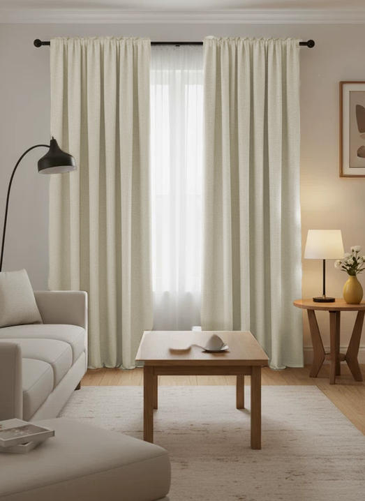 Zoe linen-look custom curtain in light beige, gathered header, layered over sheers in a modern living room for privacy & light control.
