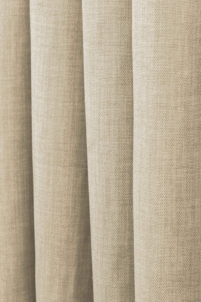 Close-up of Zoe linen-look custom curtain in soft beige, revealing detailed fabric weave texture and elegant drapery folds.