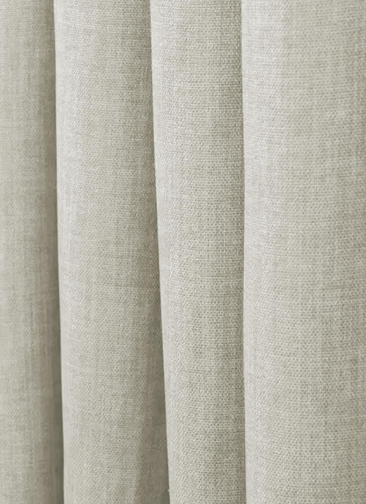Close-up of Zoe linen-look custom curtain in soft beige, revealing detailed fabric weave texture and elegant drapery folds.