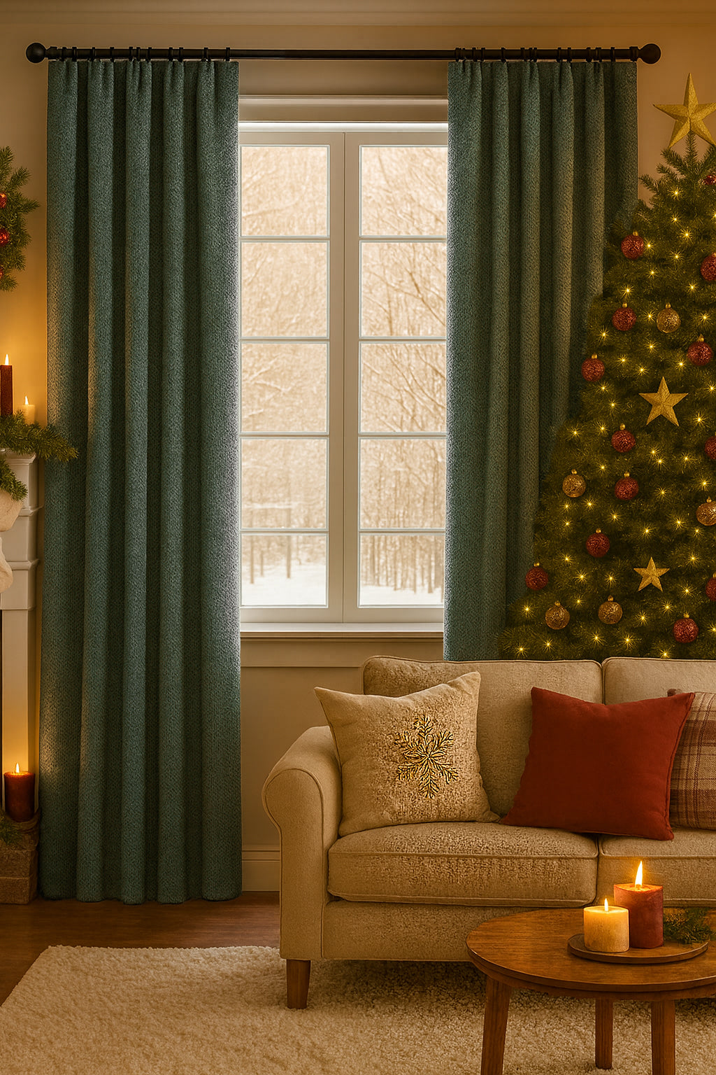 Made-to-measure green linen-look custom drapery creating a cozy ambiance in a holiday-decorated living room with a snowy window.